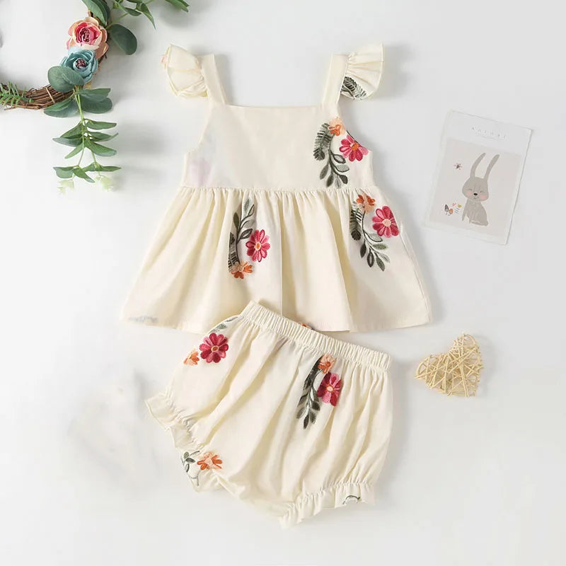 Baby Girl Floral Puff Sleeve Embroidered Bodysuit Sets