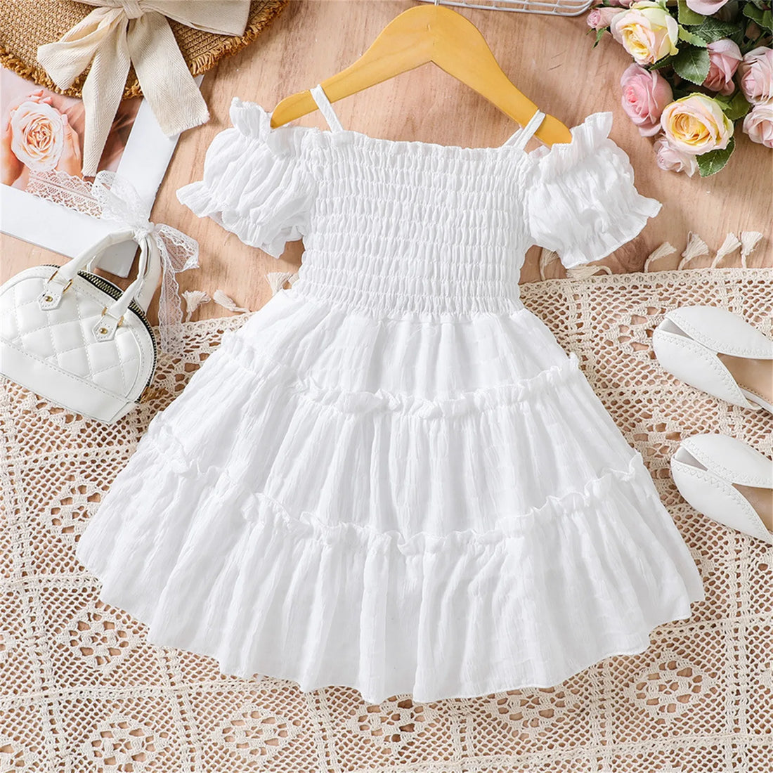Cold Shoulder Shirred Frill Beach Party Dress for Young Girls