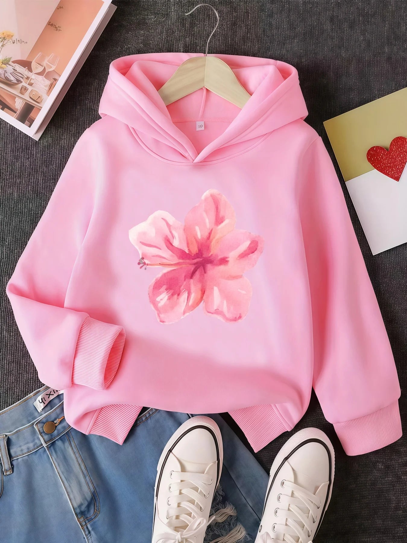 Floral Print Warm Zipper Hoodie for Kids Girls