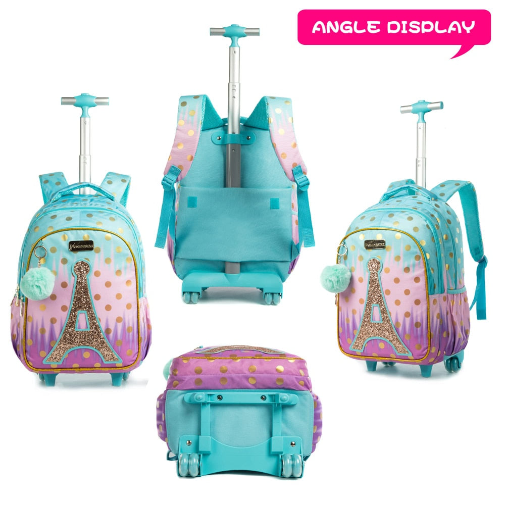 Kids Girls Eiffel Tower Sequins 3Pcs Wheeled School Backpack Set childrensterritory