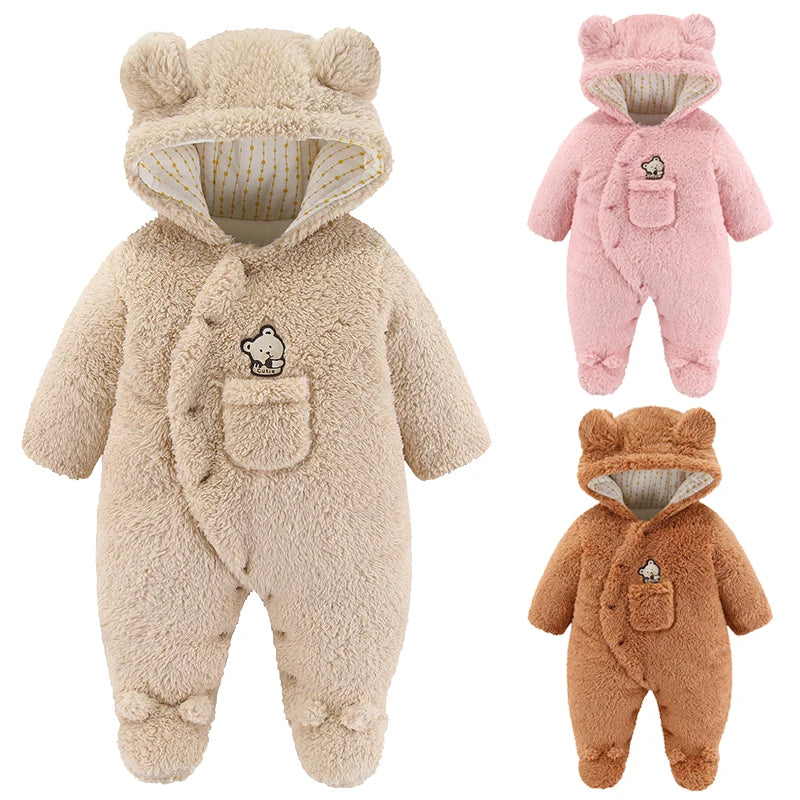 Baby Cartoon Pattern Hooded Fleece Rompers
