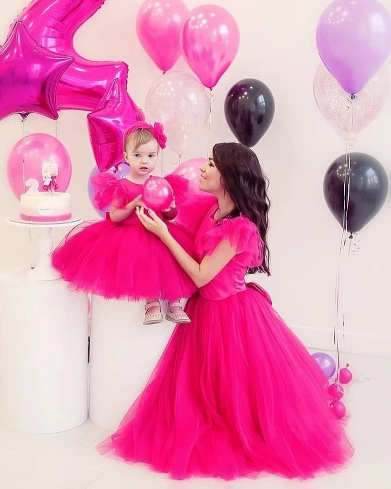 Elegant Mother Daughter Puffy Sleeve Tulle Dresses childrensterritory