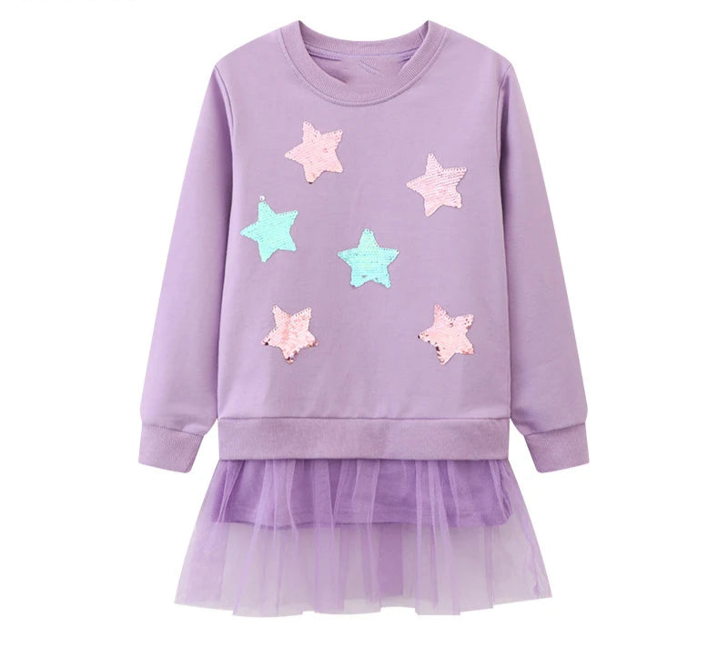 Little Girls Cartoon Stars Design Long Sleeves Mesh Dress childrensterritory