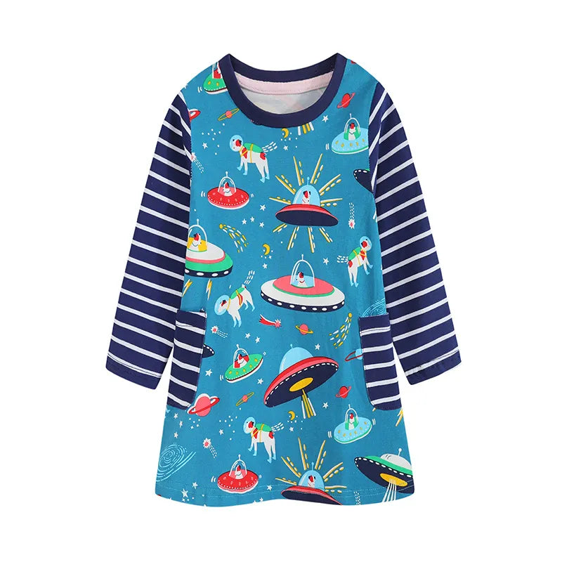 Colorful Cartoon Print Kids Girls Preppy Style Dresses childrensterritory