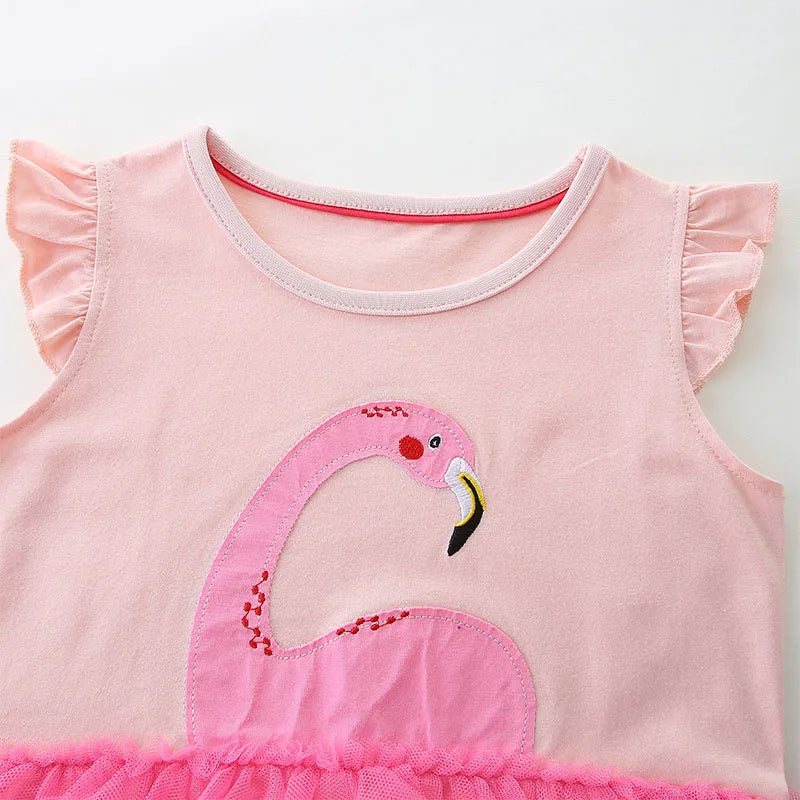 Kids Girls Cartoon Flamingo Pattern Layered Summer Dress childrensterritory