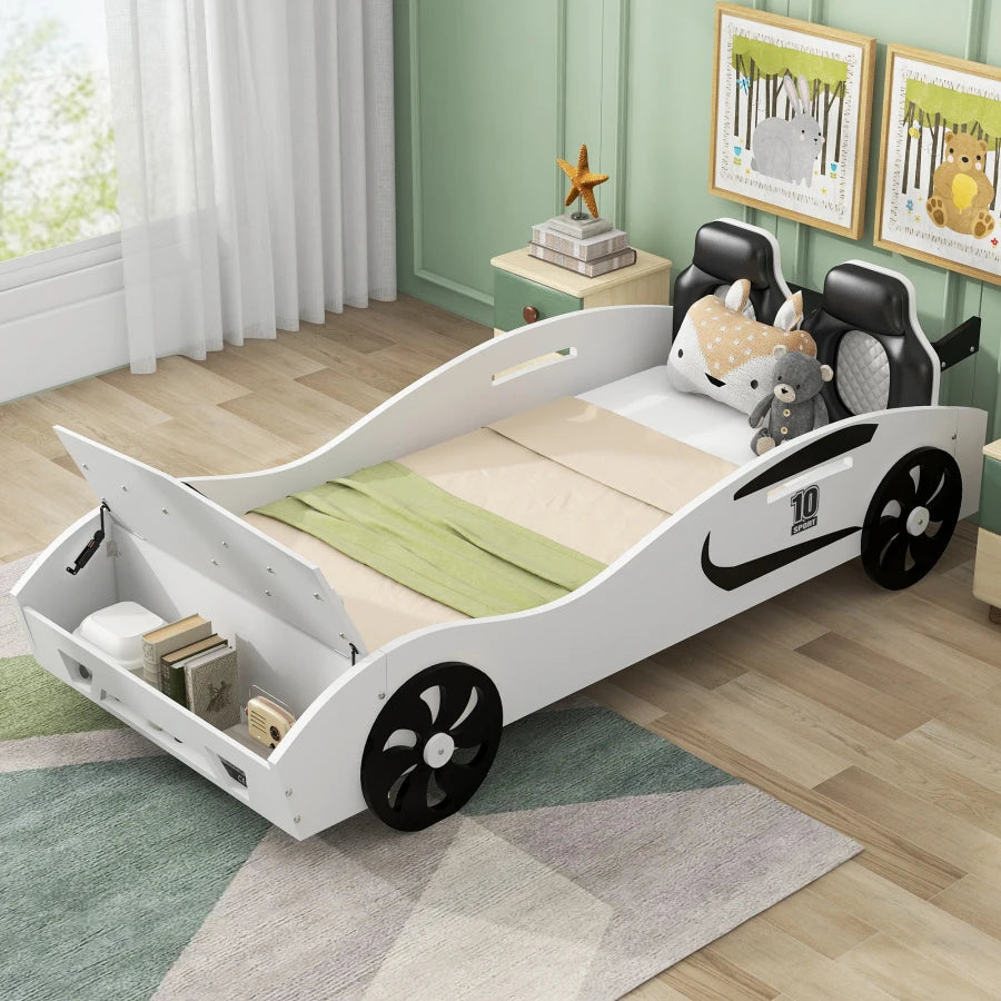 Race Car Design Twin Platform Bed with Backrest and Storage childrensterritory