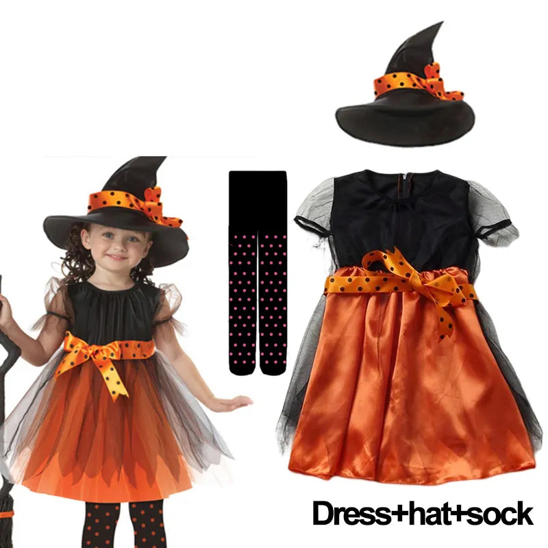 Kids Girls Fancy Cosplay Dresses for Halloween with Pumpkin Bag childrensterritory
