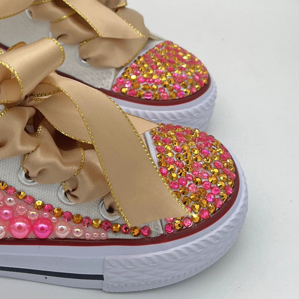 Kids Girls Pink Sparkle Gold Rhinestones Canvas Sneakers