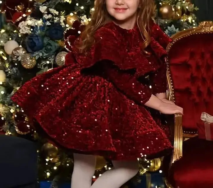 Kids Girls Glitter Sequin Puffy Birthday Party Dresses