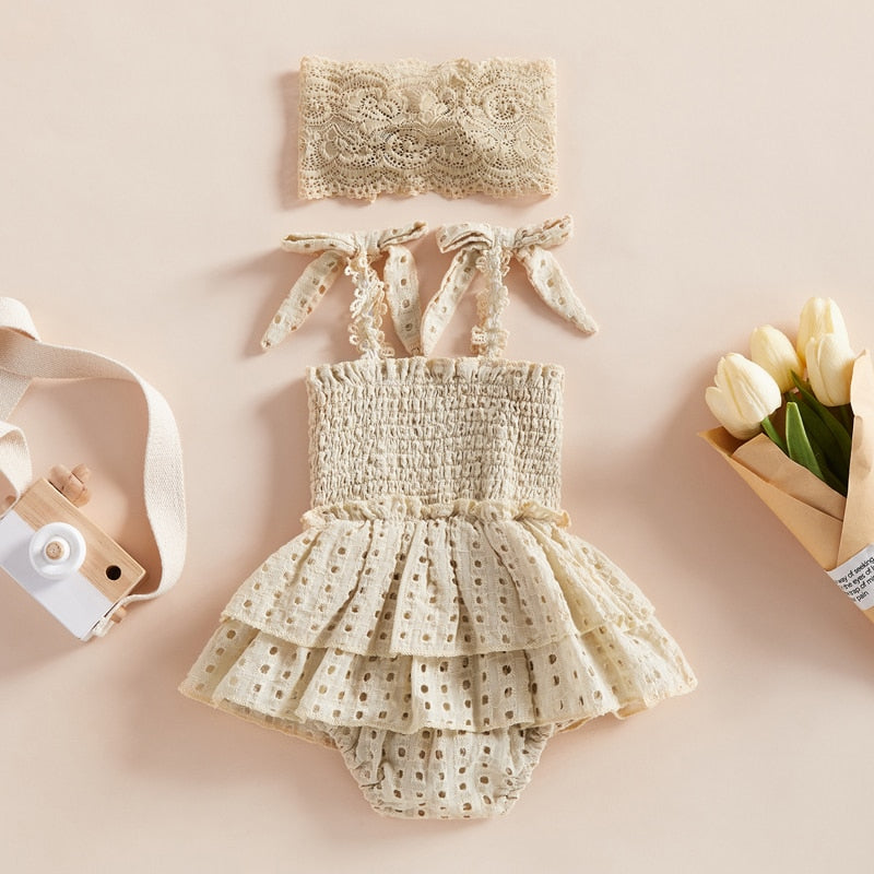 Baby Girl Hollow-Out Sling Bodysuits with Headband Set childrensterritory