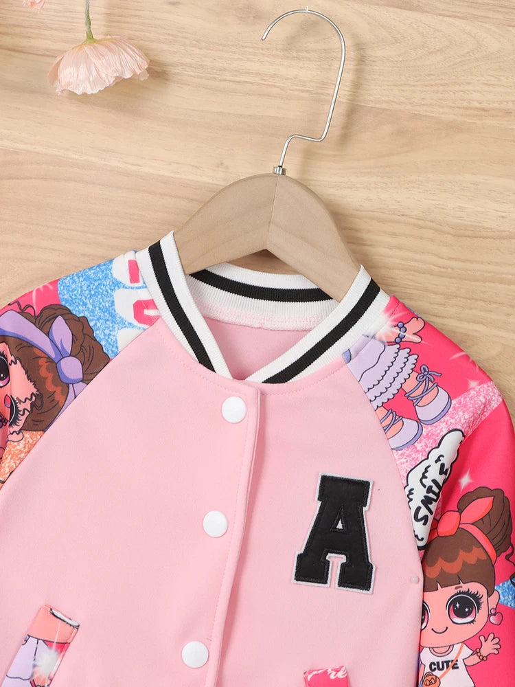 "A" Pattern and Cartoon Doll Print Kids Girls Jackets childrensterritory