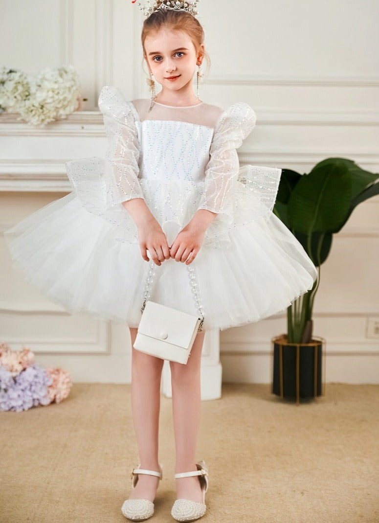 Elegant Sequin White Puffy Wedding Party Dress for Girls childrensterritory