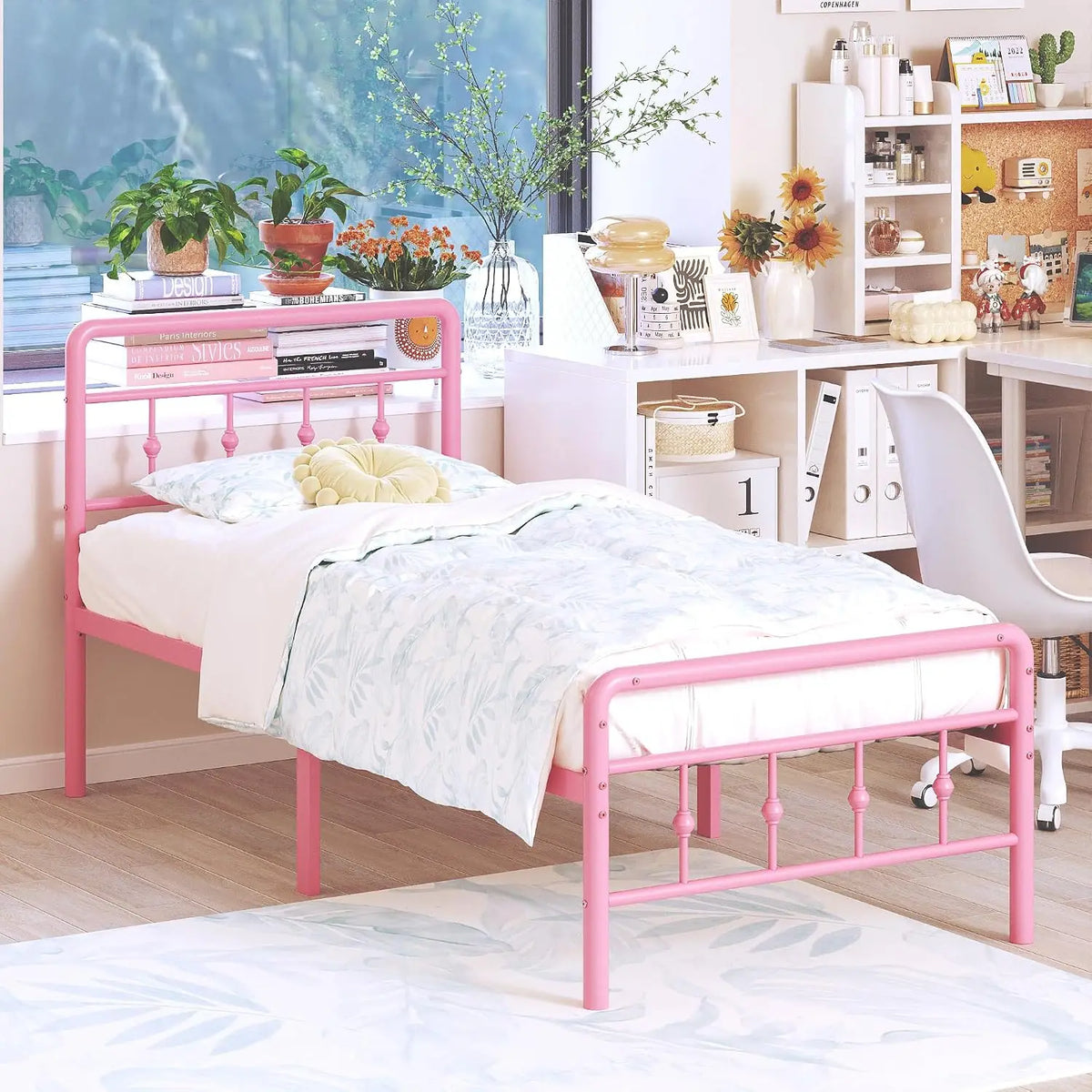 Twin Size Pink Metal Bed Frame with Headboard