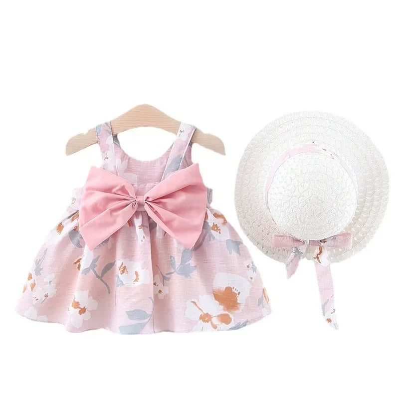 Baby Girl Big Bow Floral Princess Dress with Hat childrensterritory