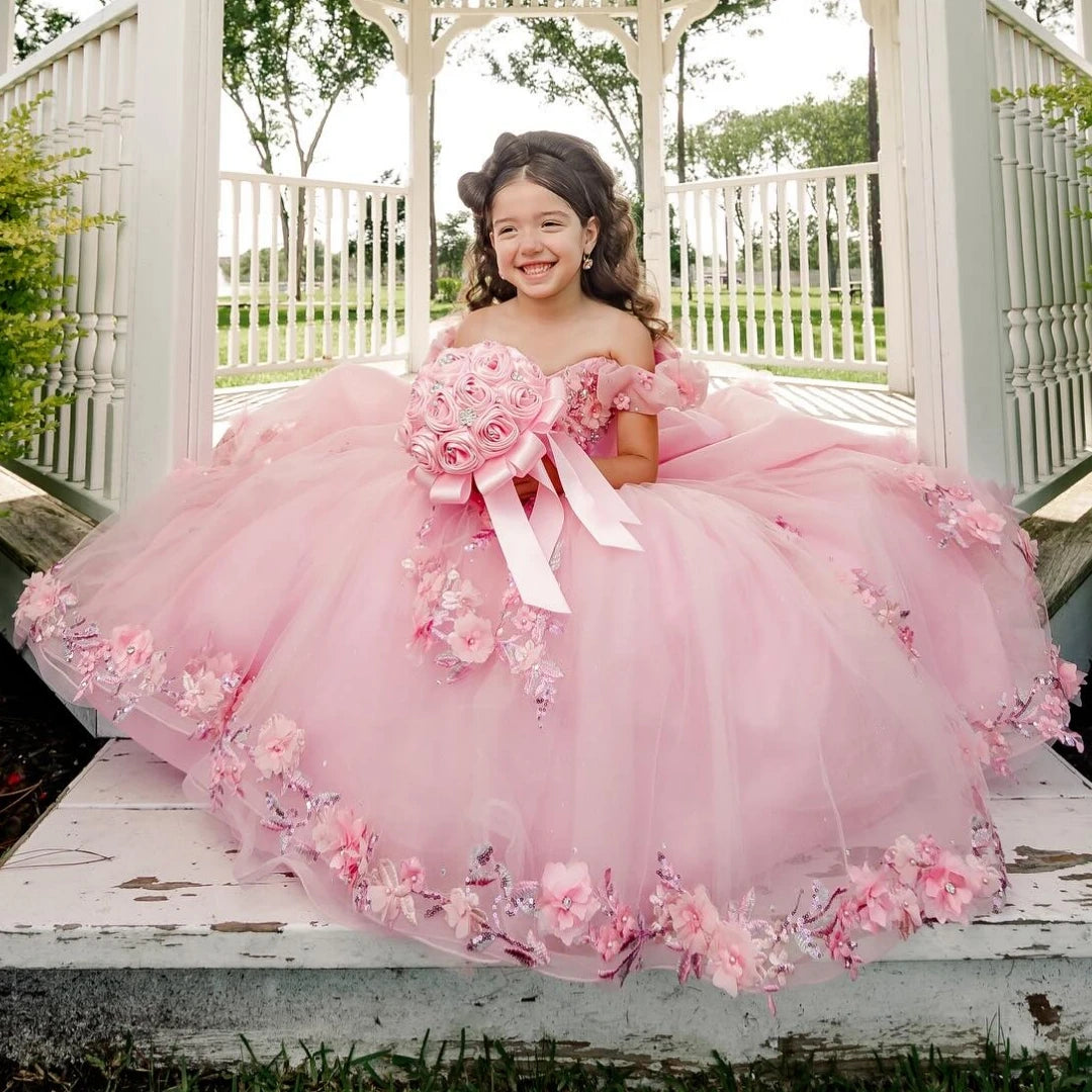 Tulle Floral Appliques Pageant Dress for Girls with Trailing