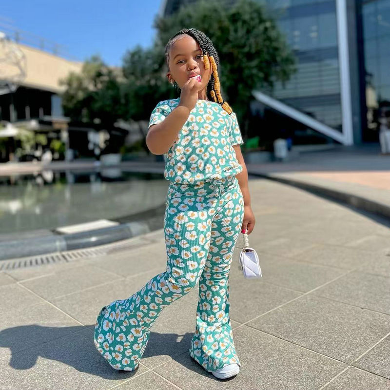 Kids Girls Daisy Green Tops + Flared Pant Boutique Outfits childrensterritory