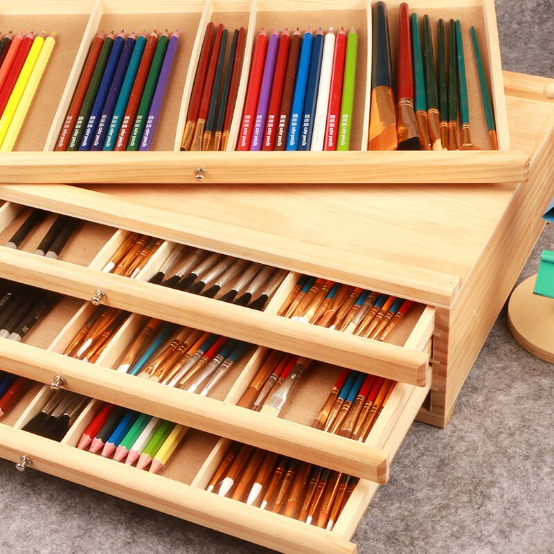 Multi-Layer Wooden Easel Box with Drawers for Stationery Storage childrensterritory