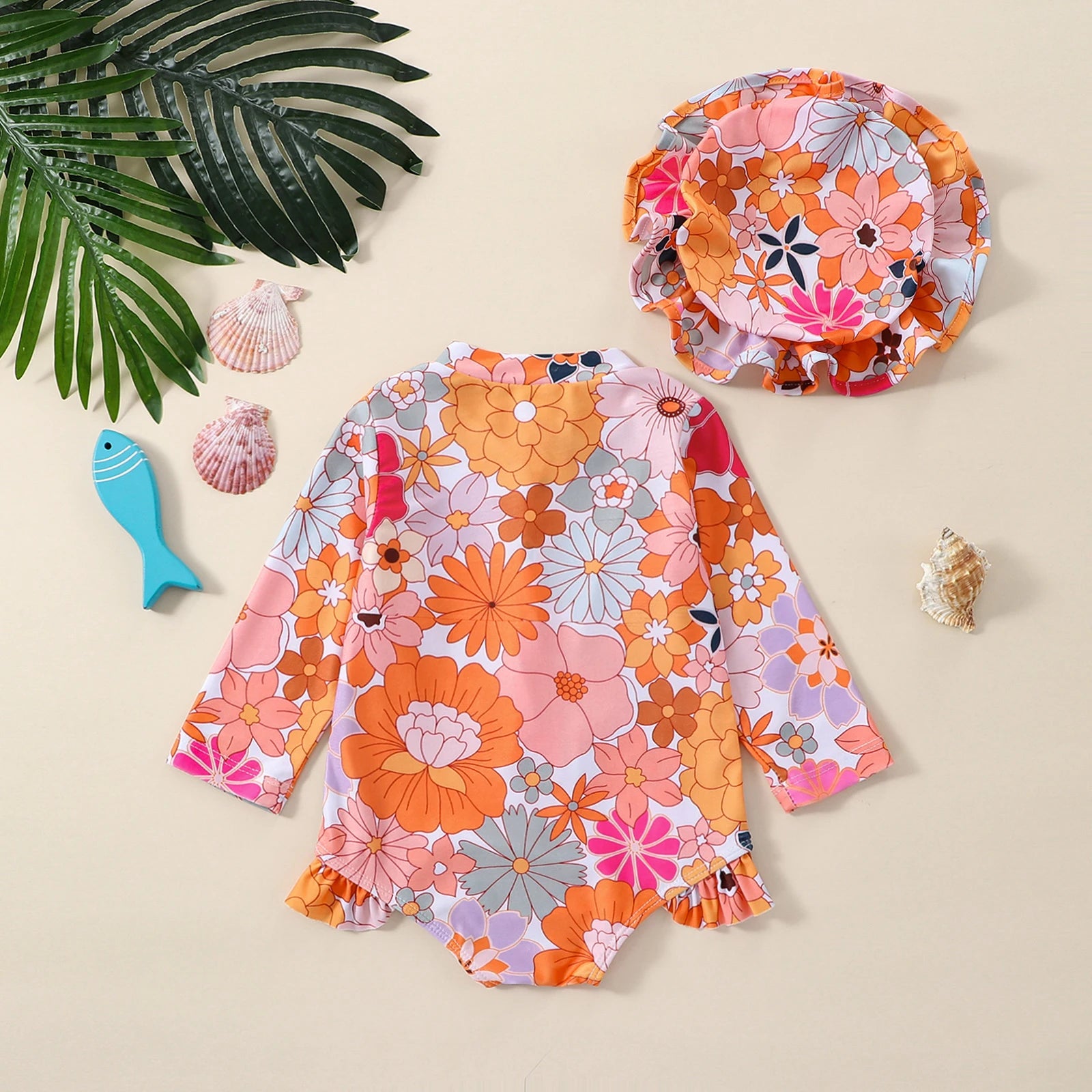 Tie-Up Hollow-Out Kids Girls Floral Print Swimwear with Hat