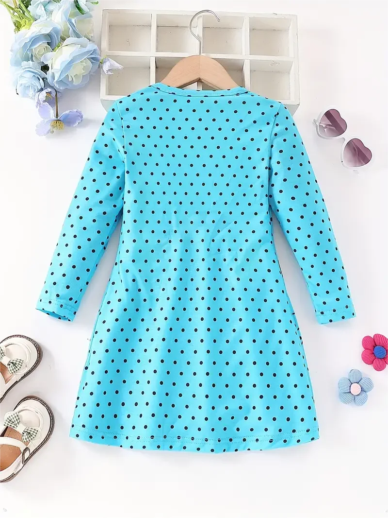 Kids Girls Dots & Kitty Print Long Sleeve Casual Dress childrensterritory