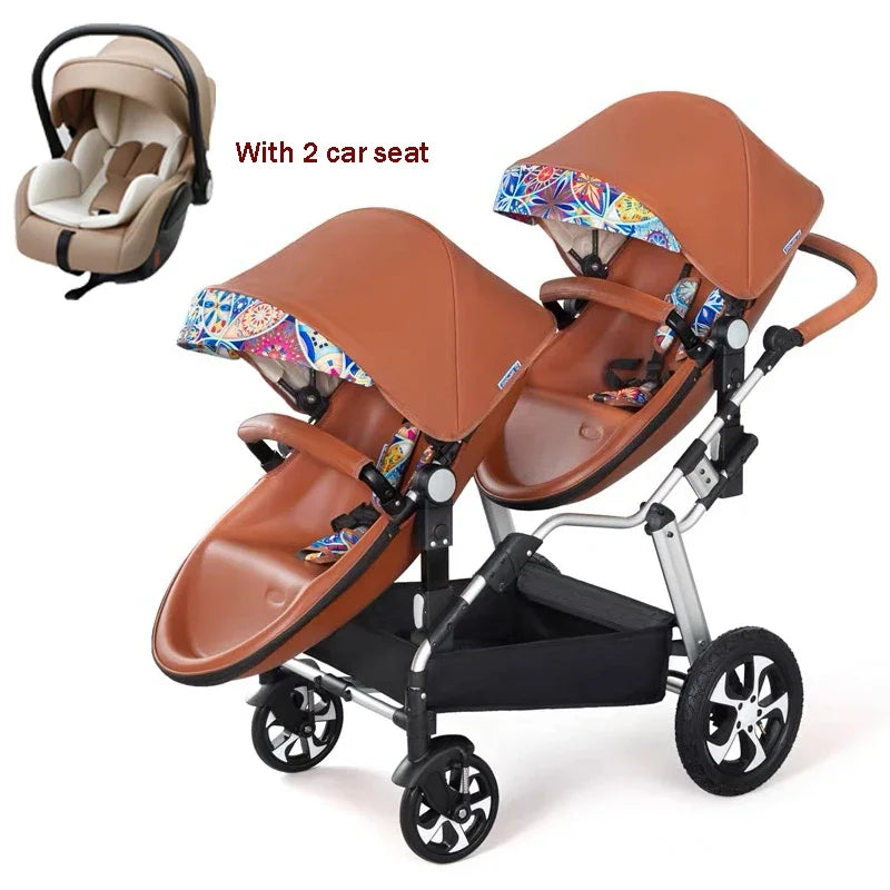 2 in-1 PU Leather Waterproof Twins Baby Stroller childrensterritory