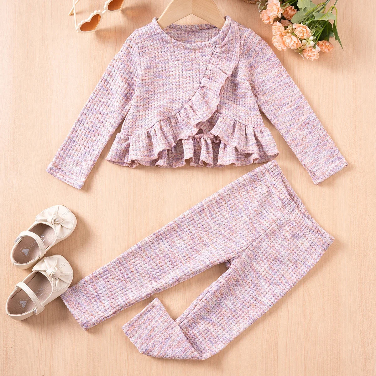 Little Girls Double Ruffle Edge Top Solid Color Pants Set