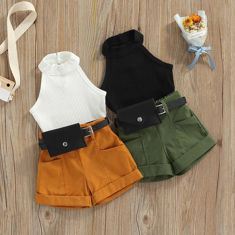 Little Girl Three-Piece Sleeveless Top + Belted Short Pants Outfit childrensterritory