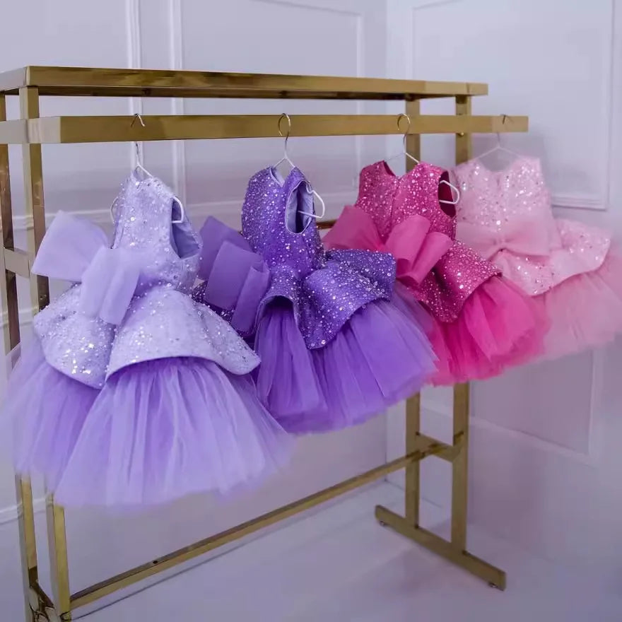Little Girl Glitter Puff Organza Applique Birthday Party Gown