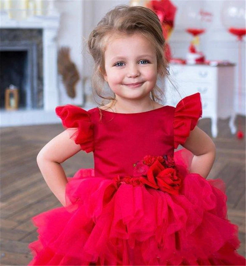 Kids Girls Tulle Red High/Low Fluffy Princess Wedding Dress childrensterritory