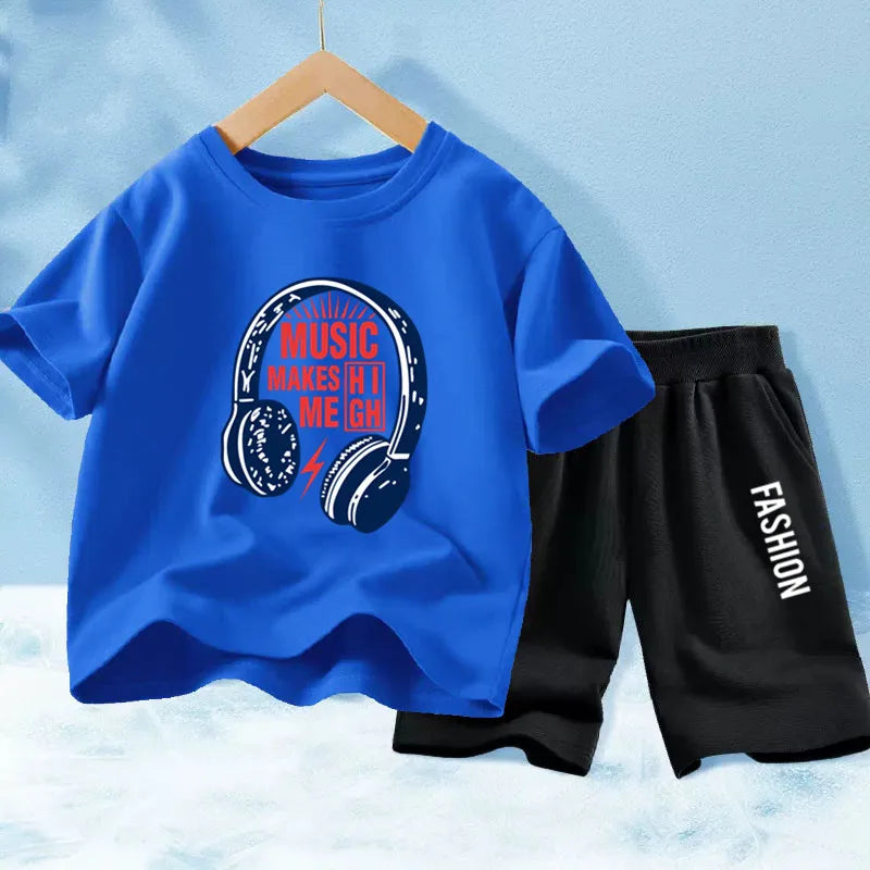Kids Boys Music Headset Print T-shirt and Shorts Set childrensterritory
