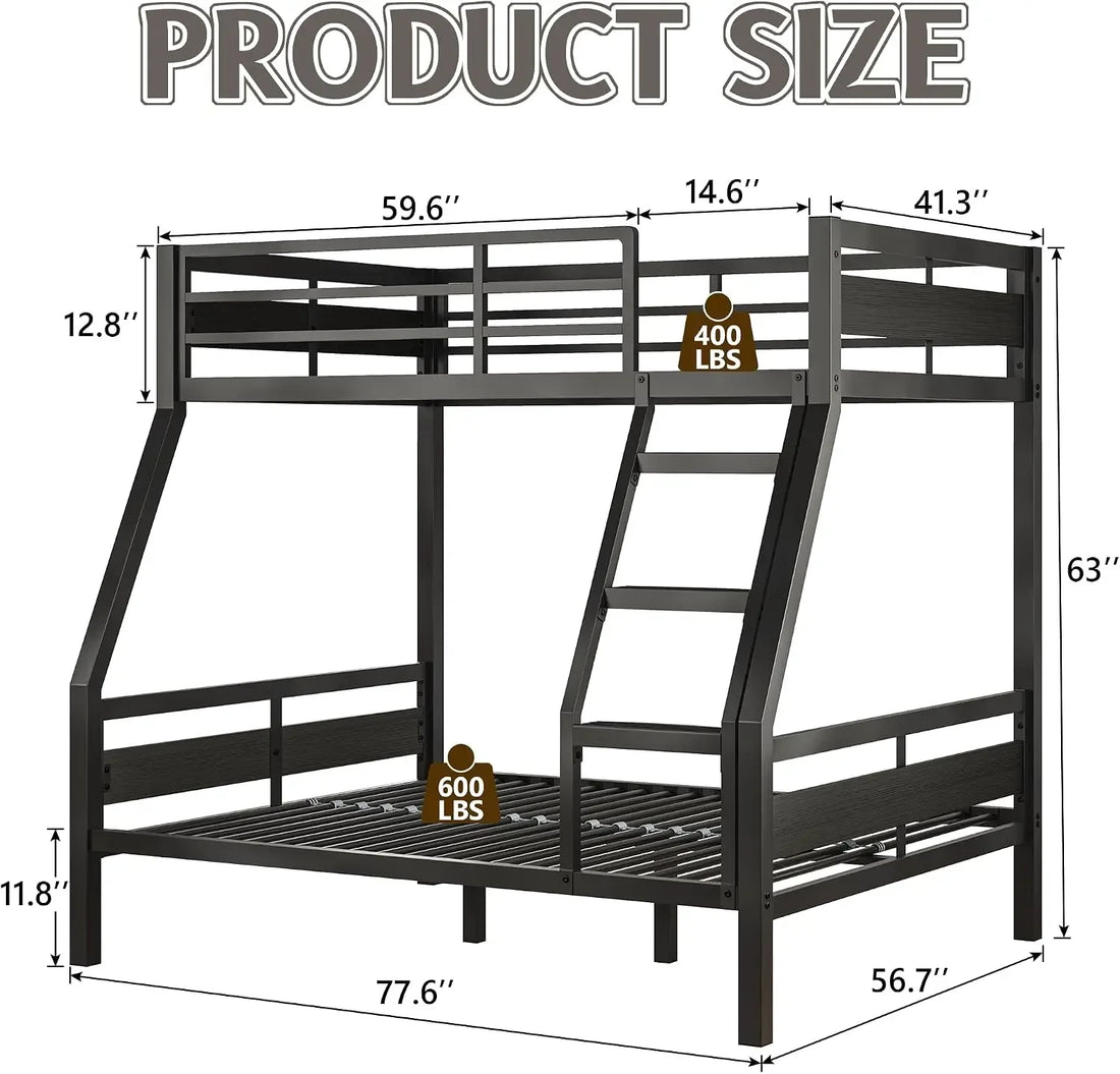 Sturdy Metal Frame Bunk Bed with Slats and Side Rails