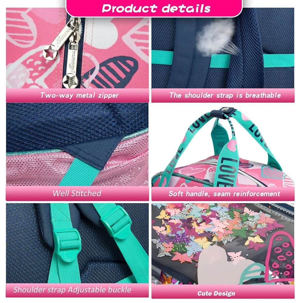 Kids Girls Love Print Sequin 3pcs School Backpack/Bag Set childrensterritory