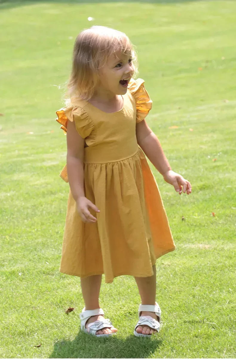 Bow Design Cotton Linen Dress For Toddler Girls childrensterritory