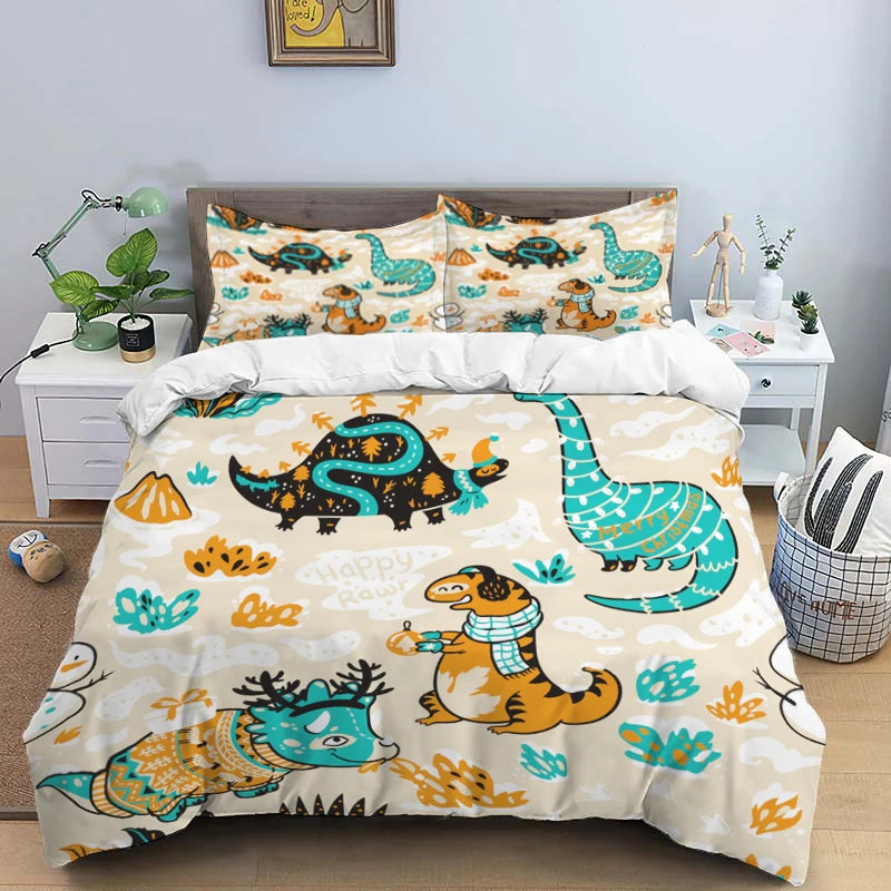 HD Cartoon Dinosaur Print Bedding Set for Kids Bed childrensterritory