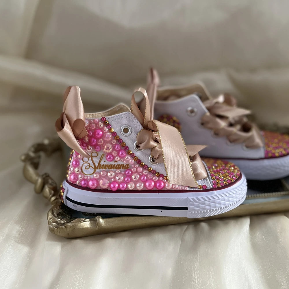 Kids Girls Pink Sparkle Gold Rhinestones Canvas Sneakers