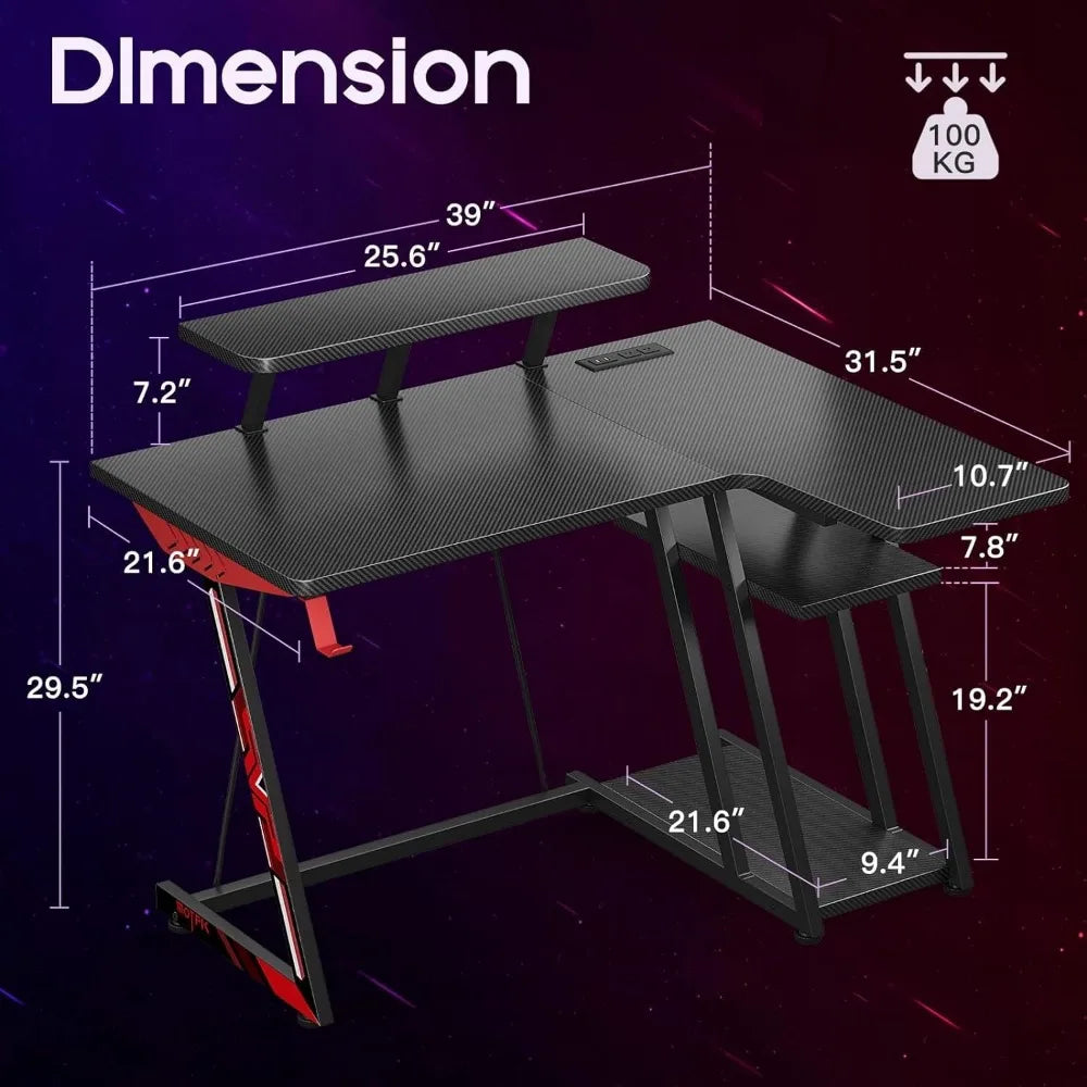 L-shaped Gaming Table with LED Lights and Storage Shelf childrensterritory