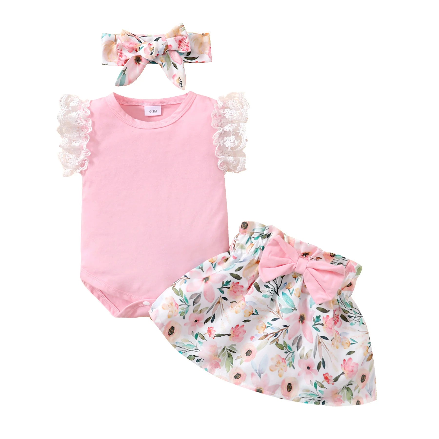 Infant Girl 3-piece Set: Fly-sleeve Romper, Floral Skirt, and Headband childrensterritory