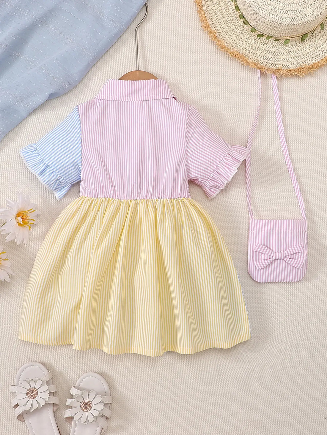 Little Girls Flared Sleeves Button Closure Dress with Sling Bag