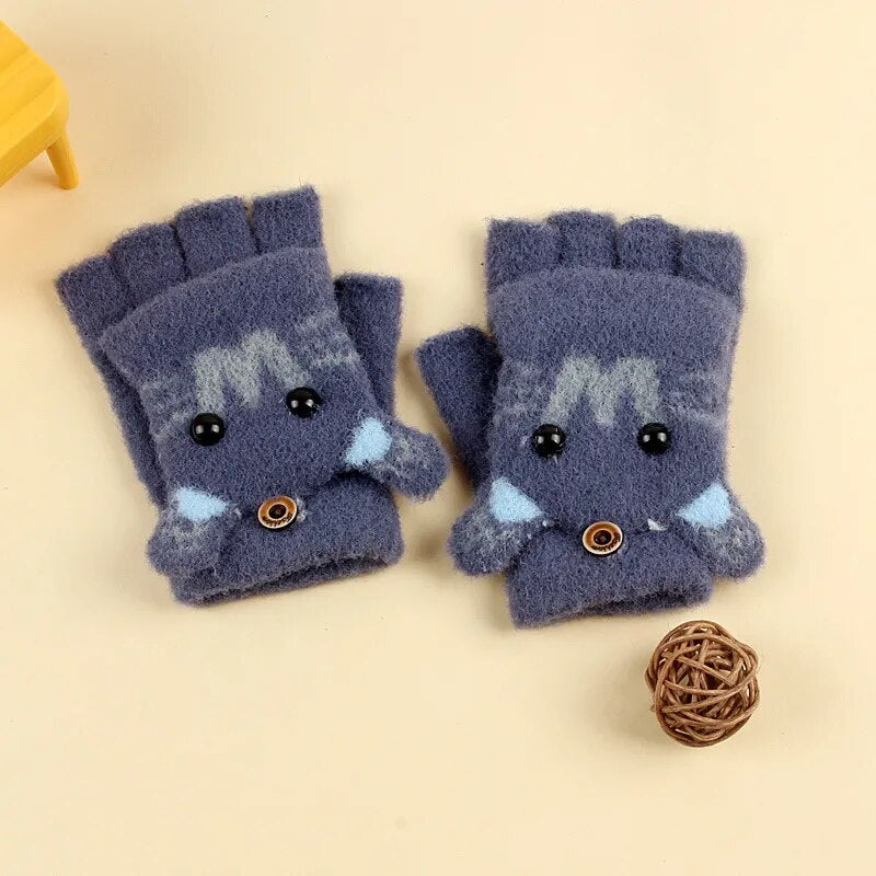 Kids Cartoon Design Furry Coral Fleece Short Gloves Mittens childrensterritory