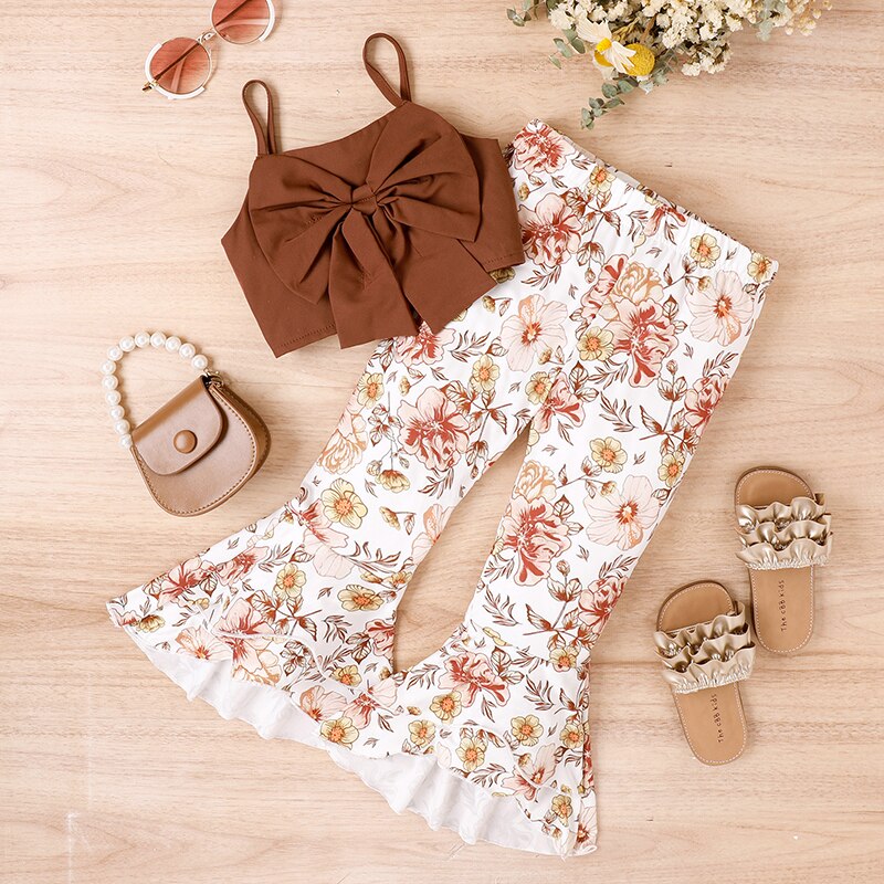 Bowknot Camisole with Floral Flare Pants for Girls childrensterritory