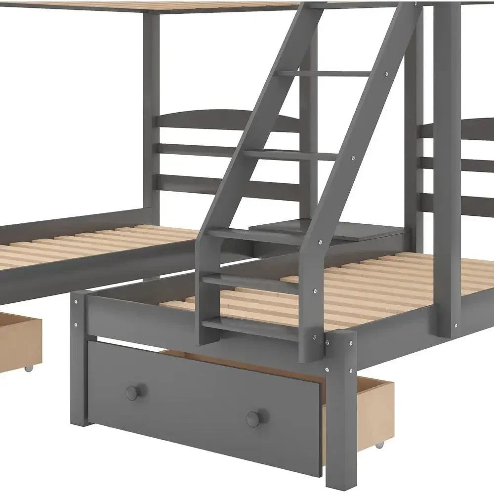 Full Over Triple Bunk Bed with Drawers and Guardrails