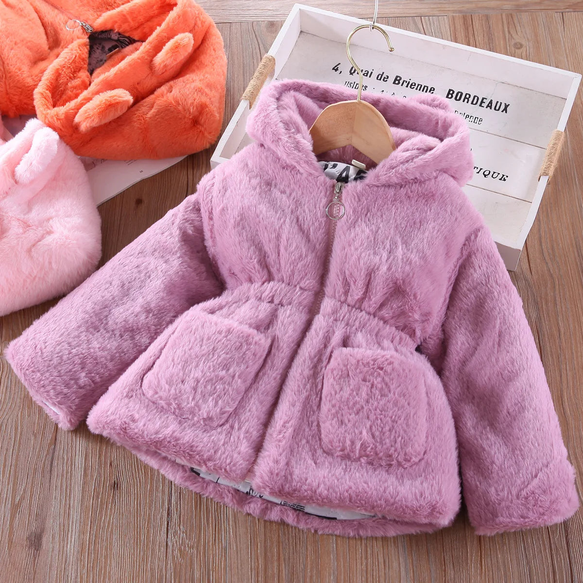 Plush Imitation Fur Hooded Kids Girls Warm Jackets childrensterritory