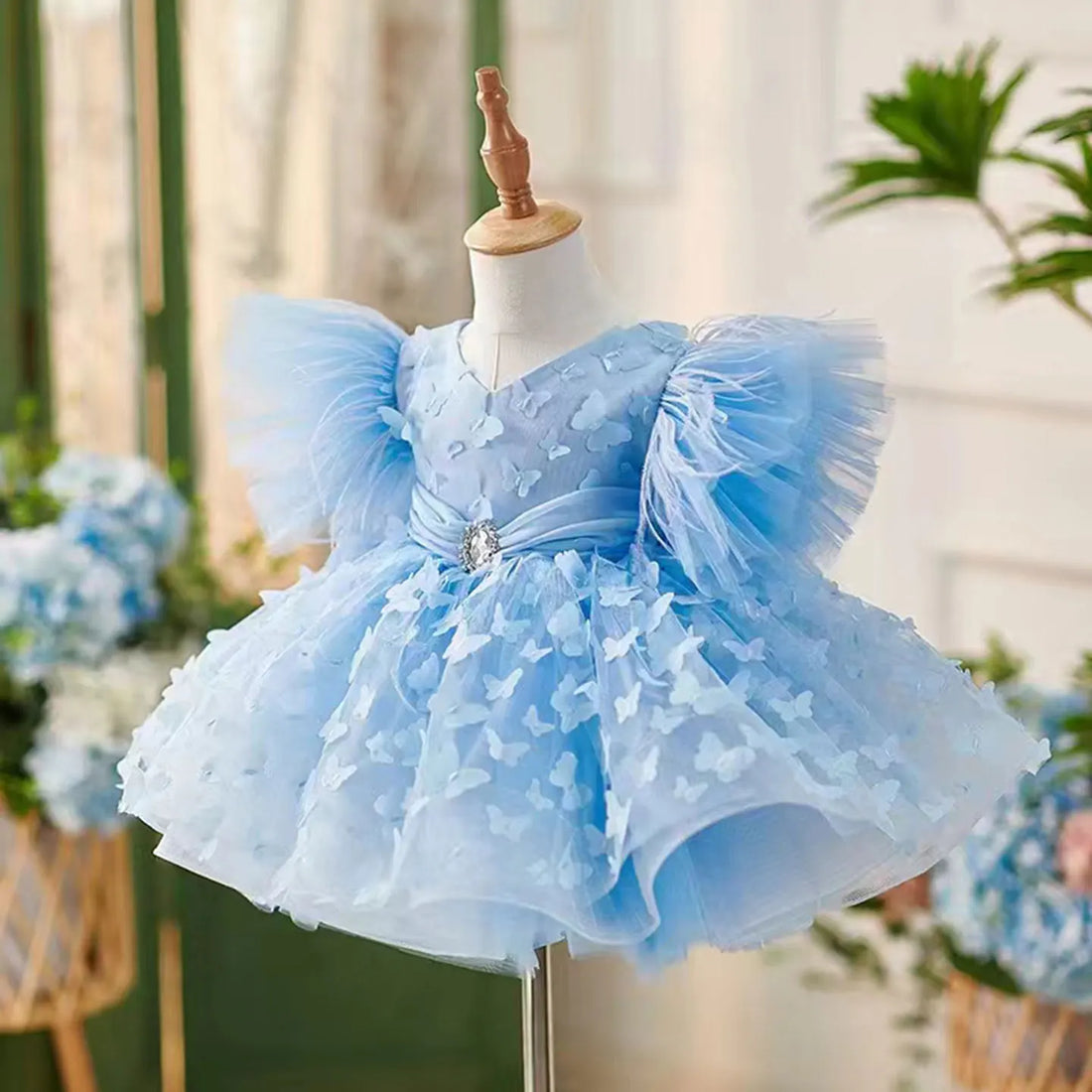 Elegant Butterfly Designed Blue Flower Girl Dress with Hairband childrensterritory