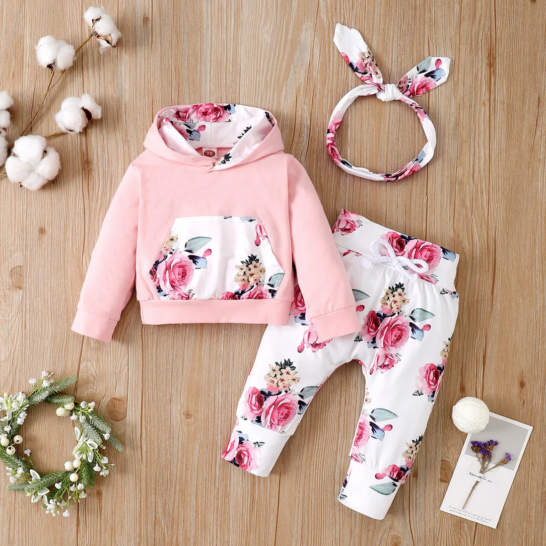 Newborn Baby Girl 3pcs Warm Floral Hooded Outfit Set