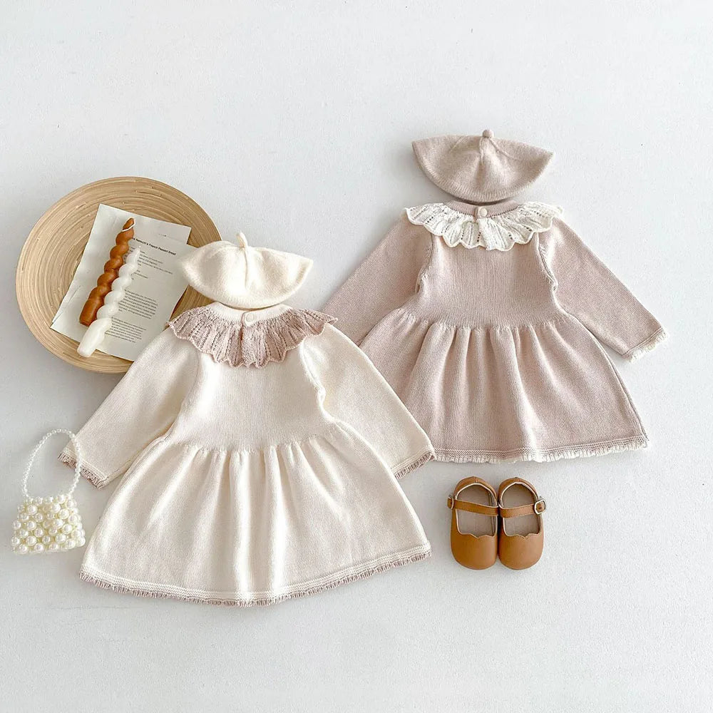Girls’ Long Sleeves Collar Design Warm Dresses