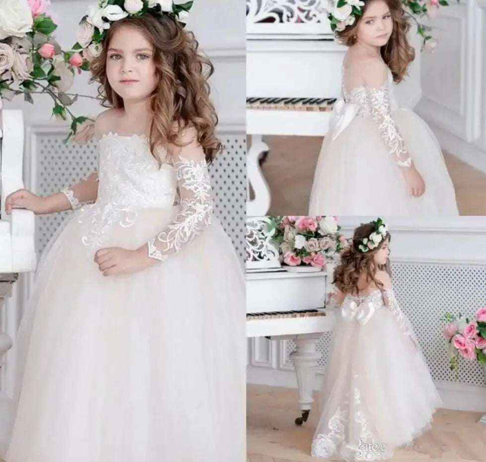 Lace Appliques Sheer Neck Design Flower Girl Dress childrensterritory