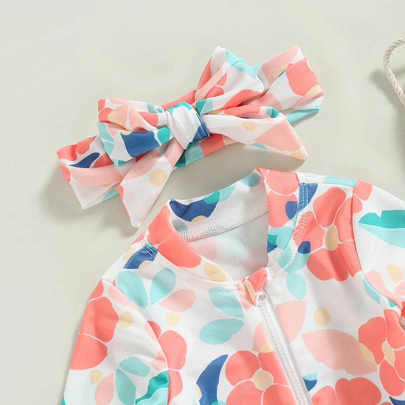 Floral Print Zipper Long Sleeve Baby Girls Swimsuit & Headband