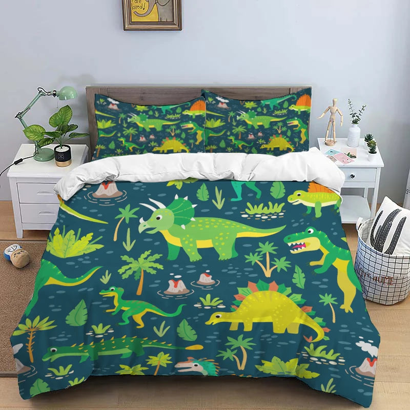 HD Cartoon Dinosaur Print Bedding Set for Kids Bed childrensterritory