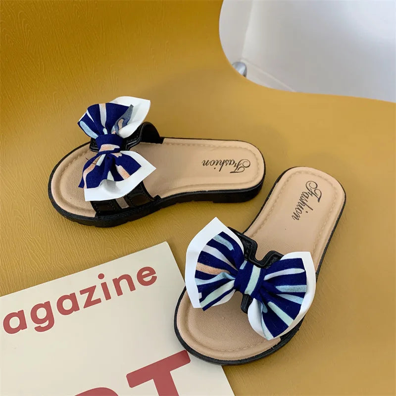 Open-toe Bow Decor Casual Kids Girls Slippers for Indoor/Outdoor