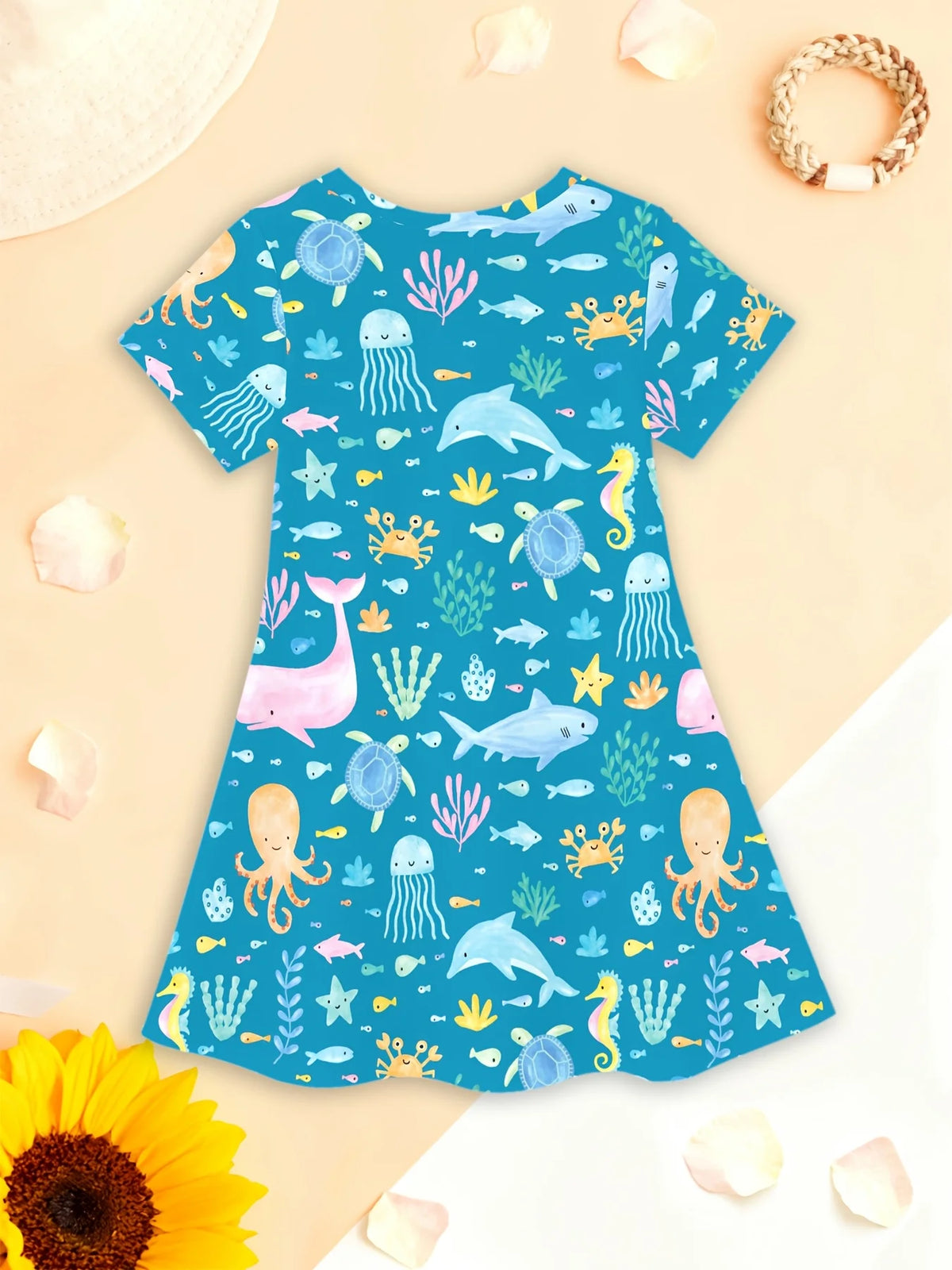 Kids Sea World Print Short Sleeve Dress for Girls