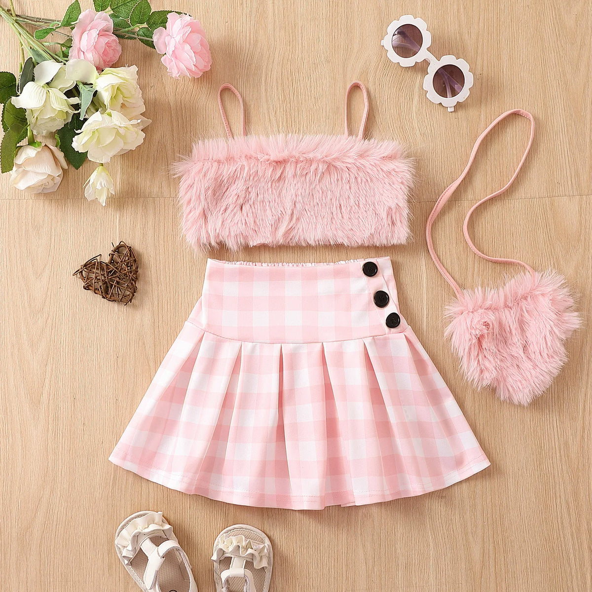 Kids Girls Summer Three-Piece Suit with Sling Bag childrensterritory